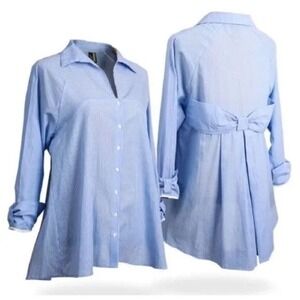 Ravel Blue 3/4 Sleeve Button Down Tunic Top Bow Back Gingham Swing Size L NEW‎